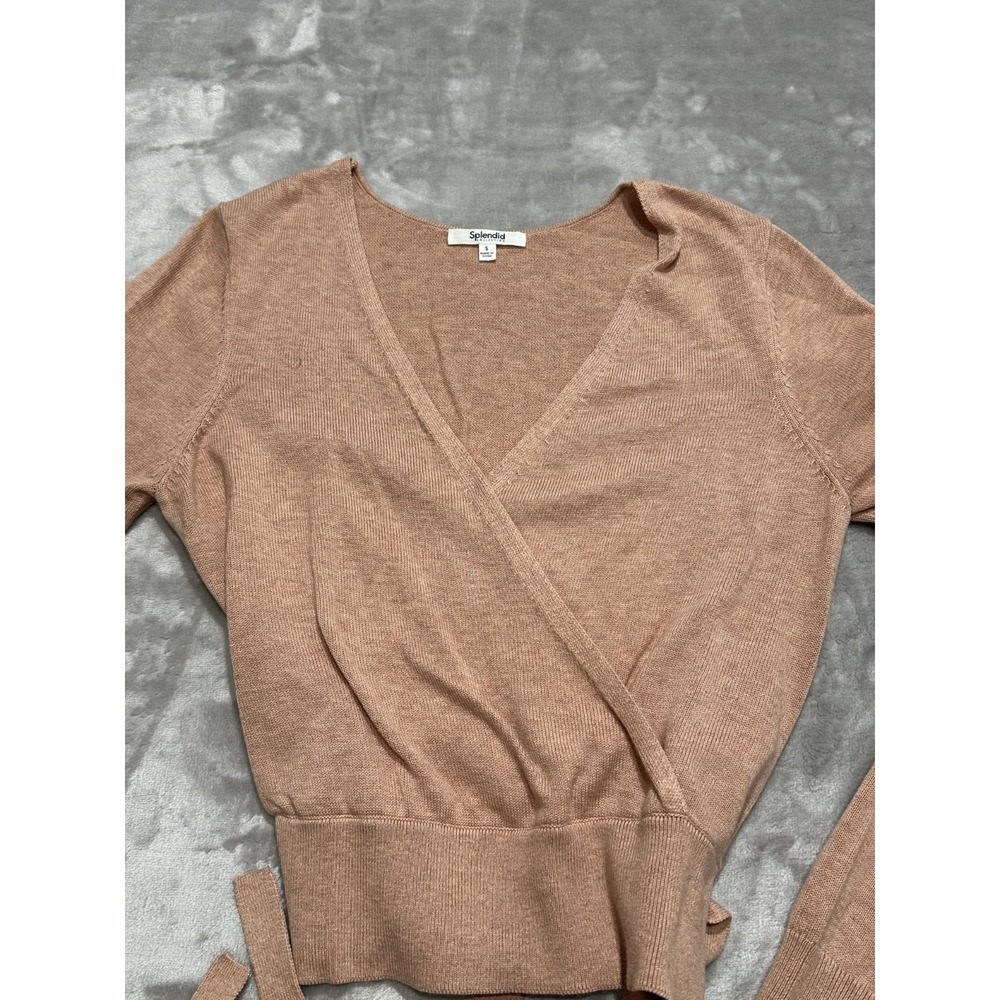 SPLENDID Top Pullover Women's Size Small Salmon Pink V-Neck Tie Off Long Sleeve - Picture 3 of 9